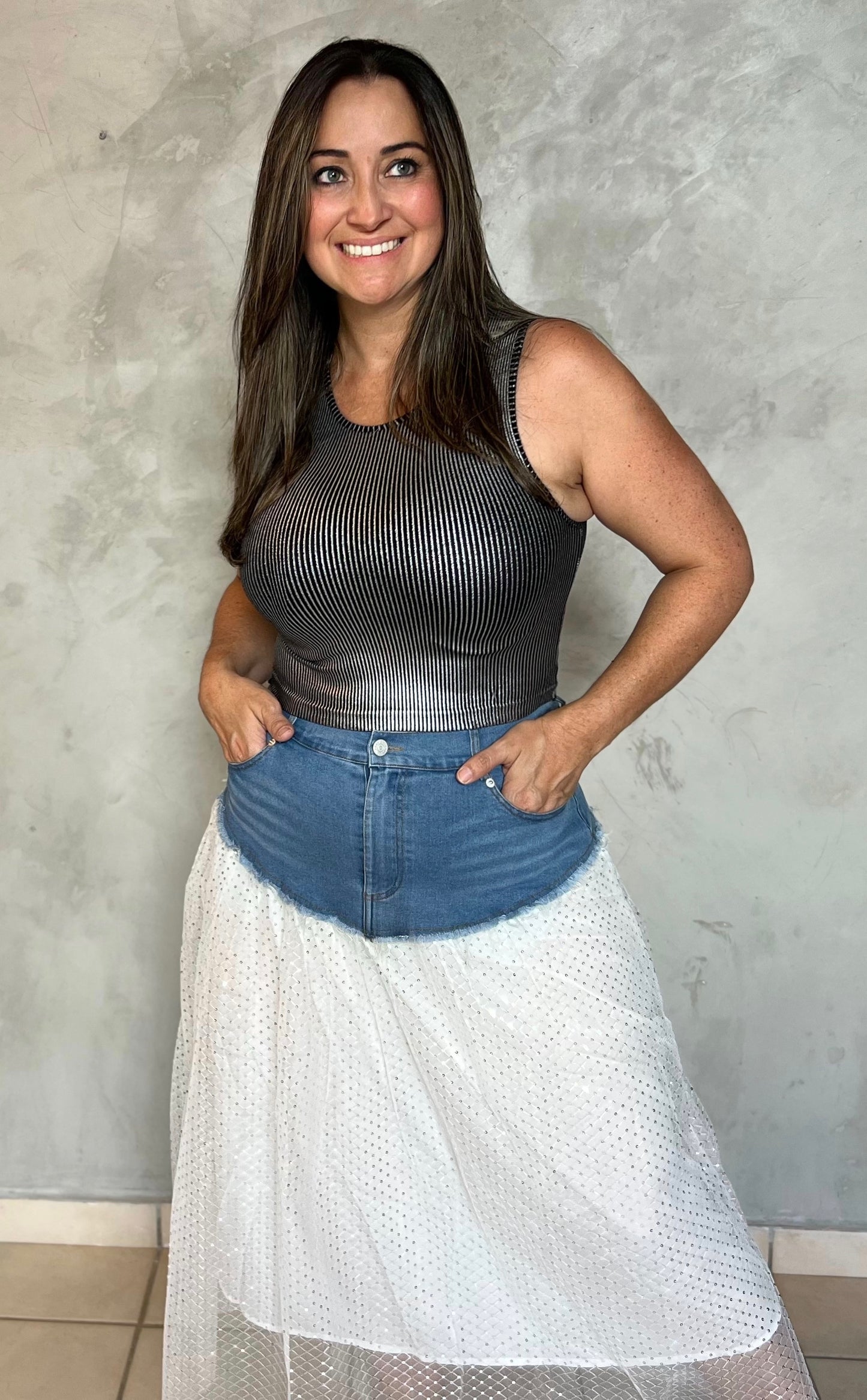JEAN AND WHITE GLITTER SKIRT