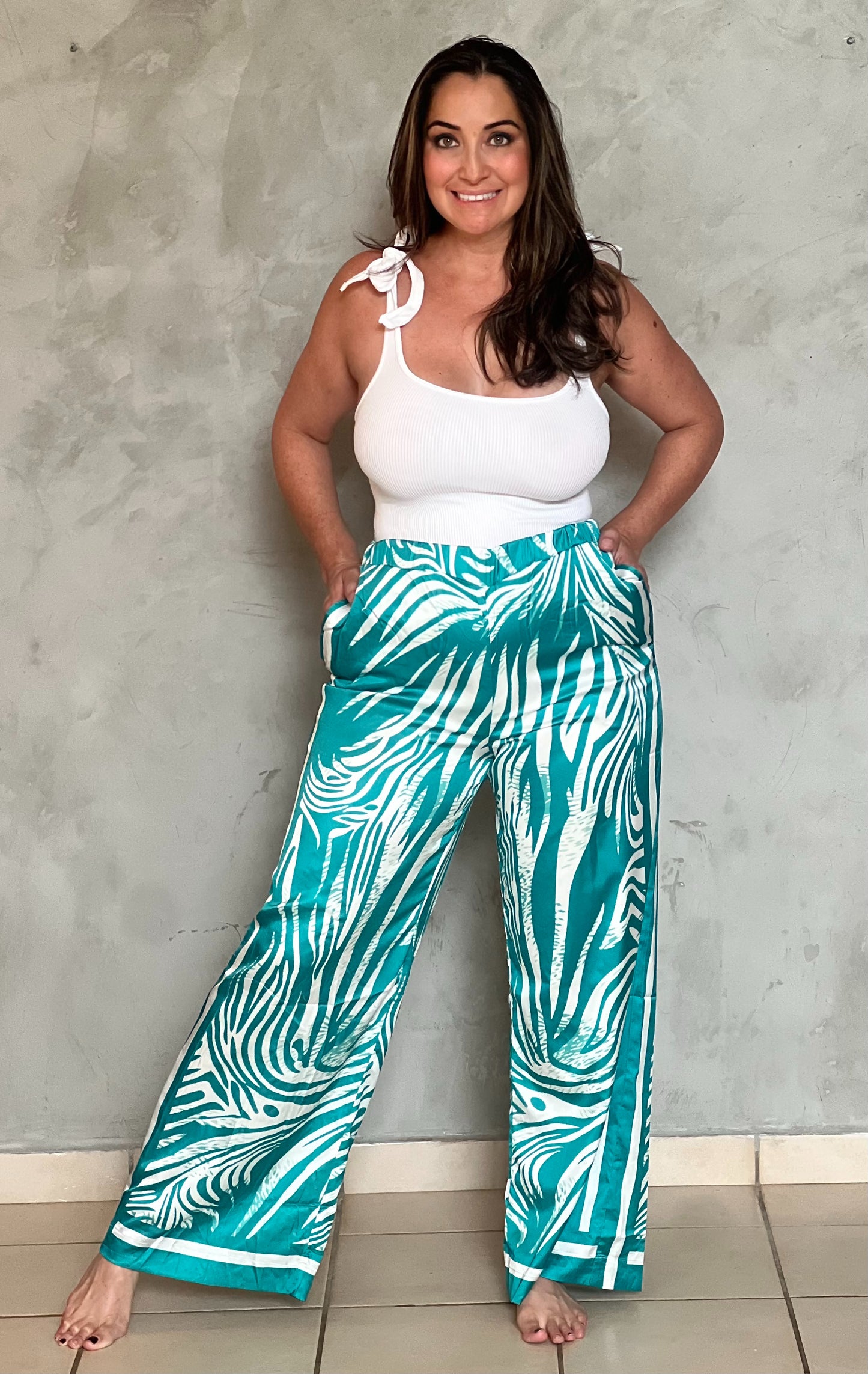PALAZZO SATINADO ESTAMPADO AZUL TURQUESA