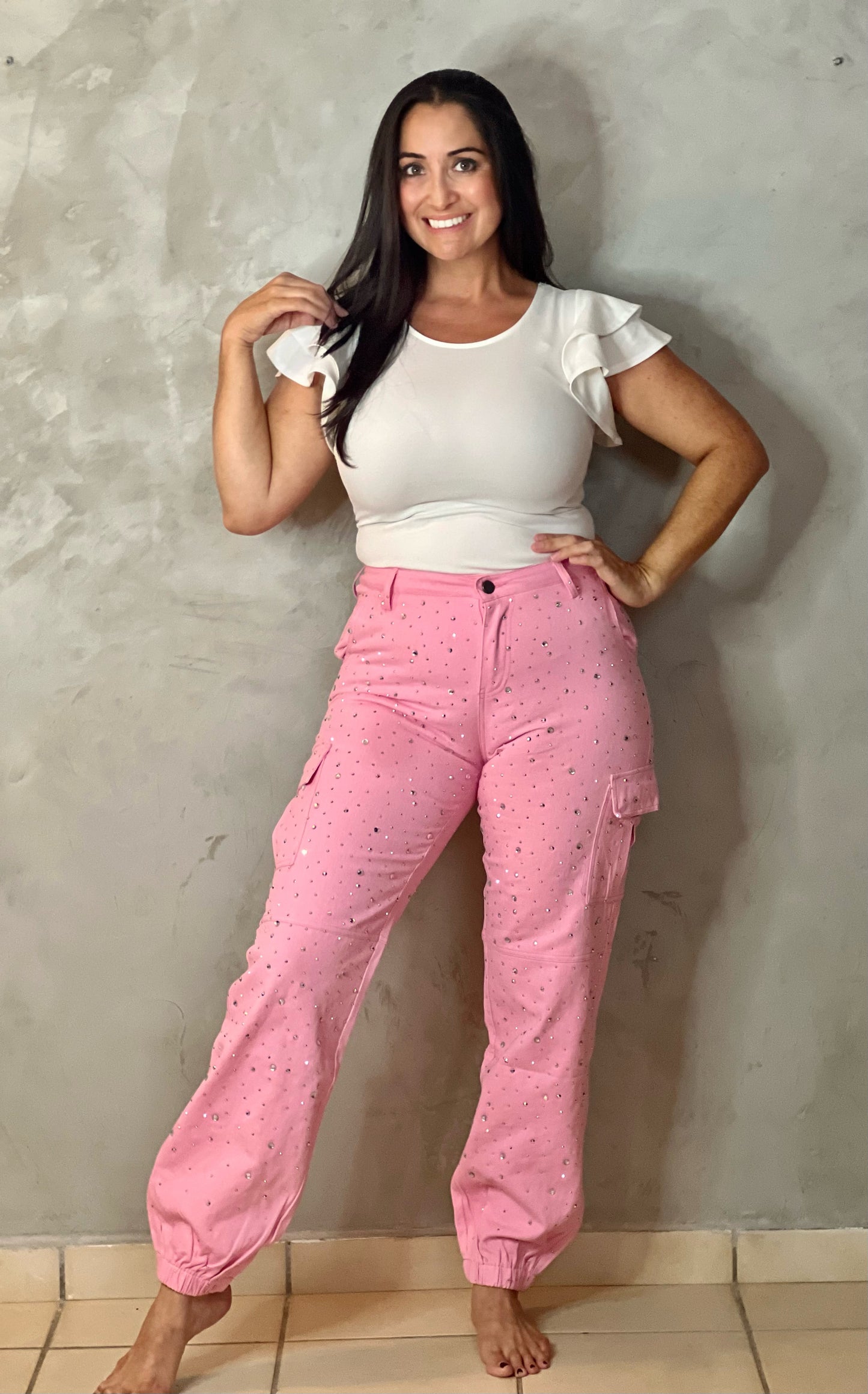 PINK CARGO JOGGERS WITH RHINESTONES