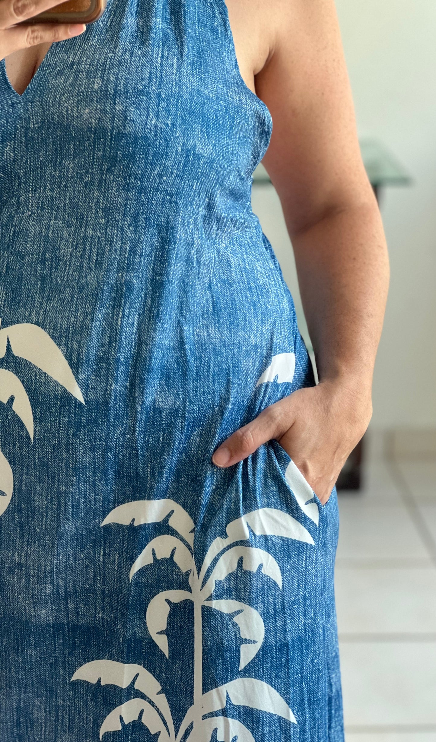 BLUE MAXI DRESS WITH PALM PRINT