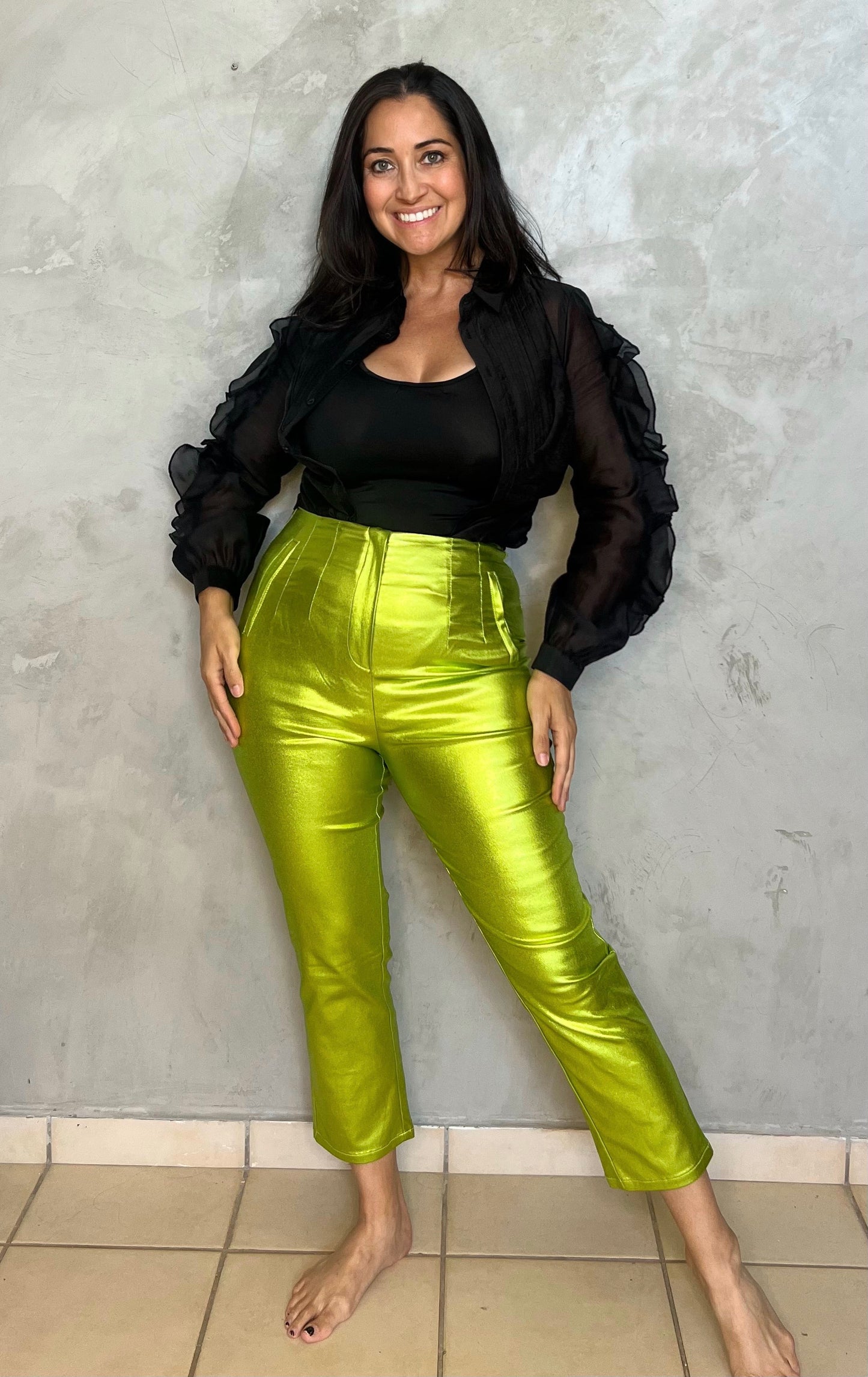 GREEN METALLIC SKINNY PANTS