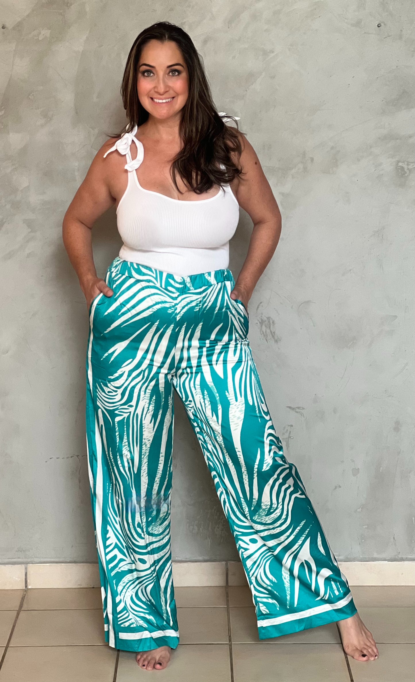 PALAZZO SATINADO ESTAMPADO AZUL TURQUESA