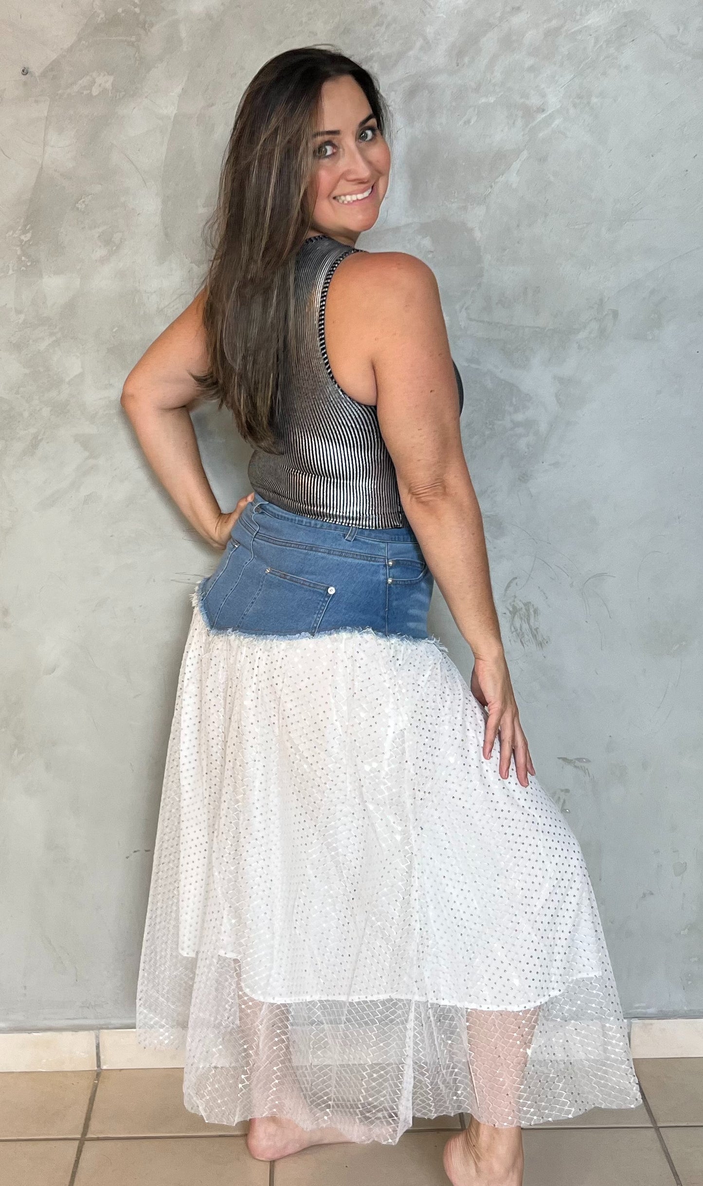 JEAN AND WHITE GLITTER SKIRT