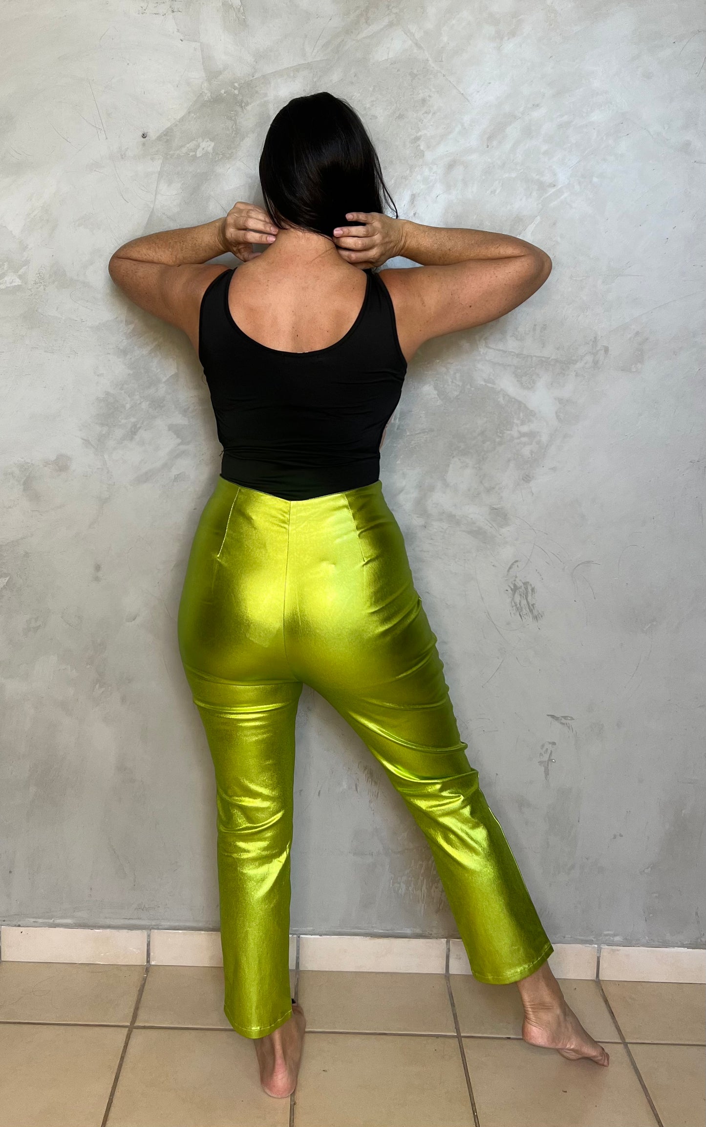 GREEN METALLIC SKINNY PANTS
