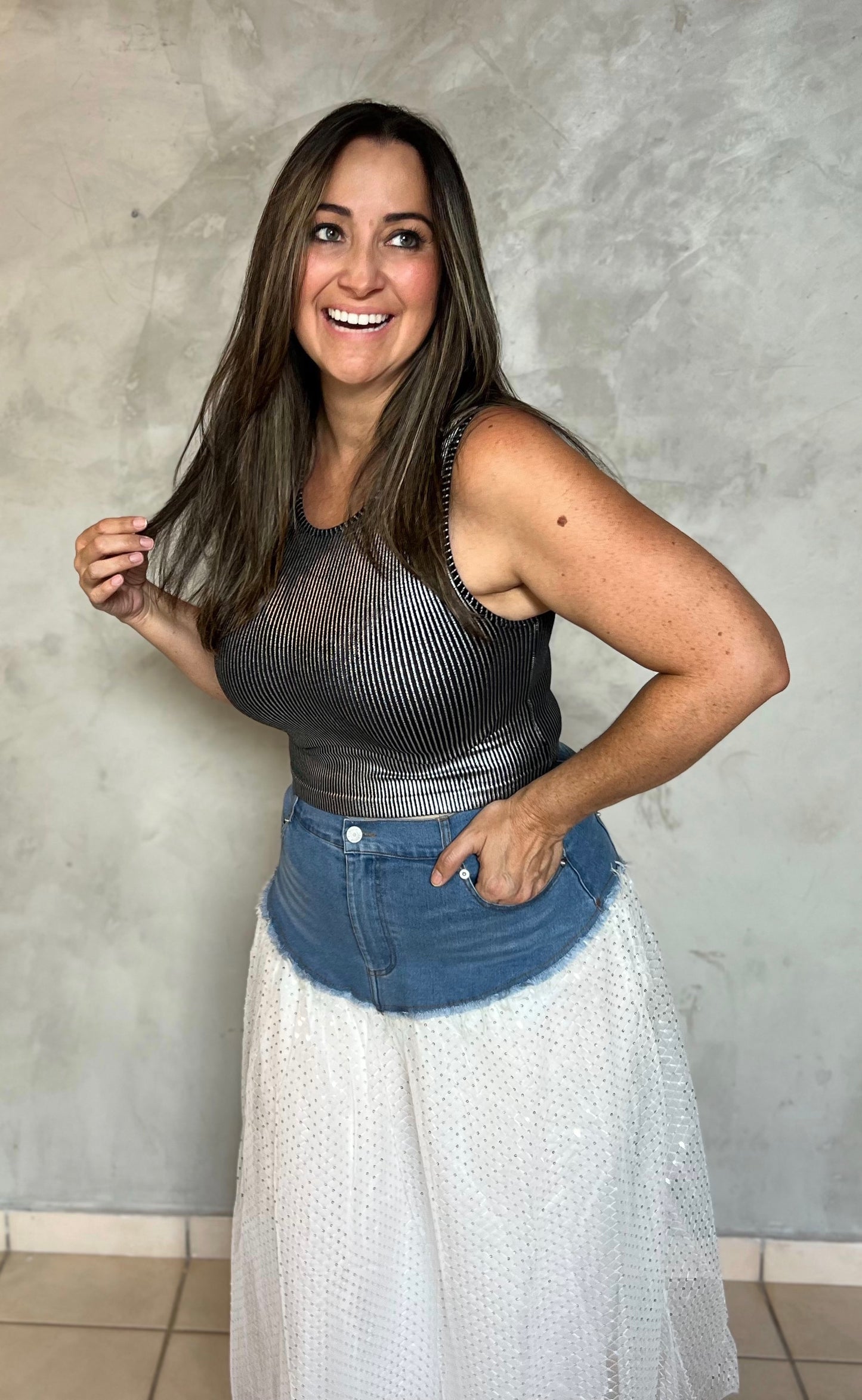 JEAN AND WHITE GLITTER SKIRT