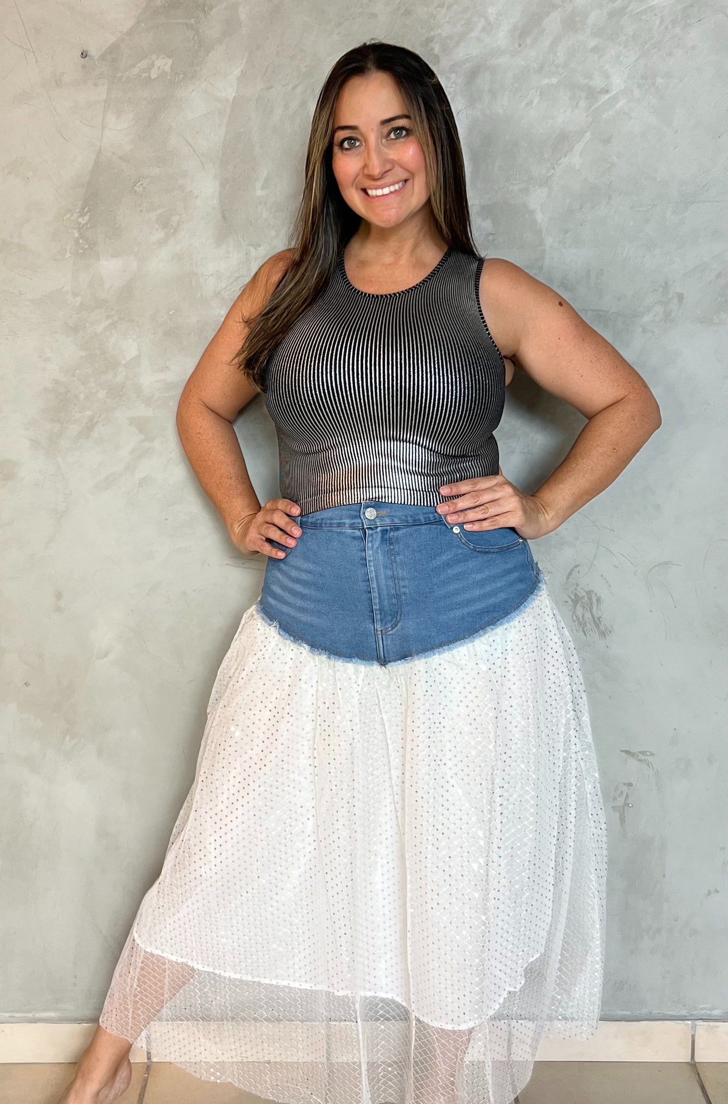 JEAN AND WHITE GLITTER SKIRT
