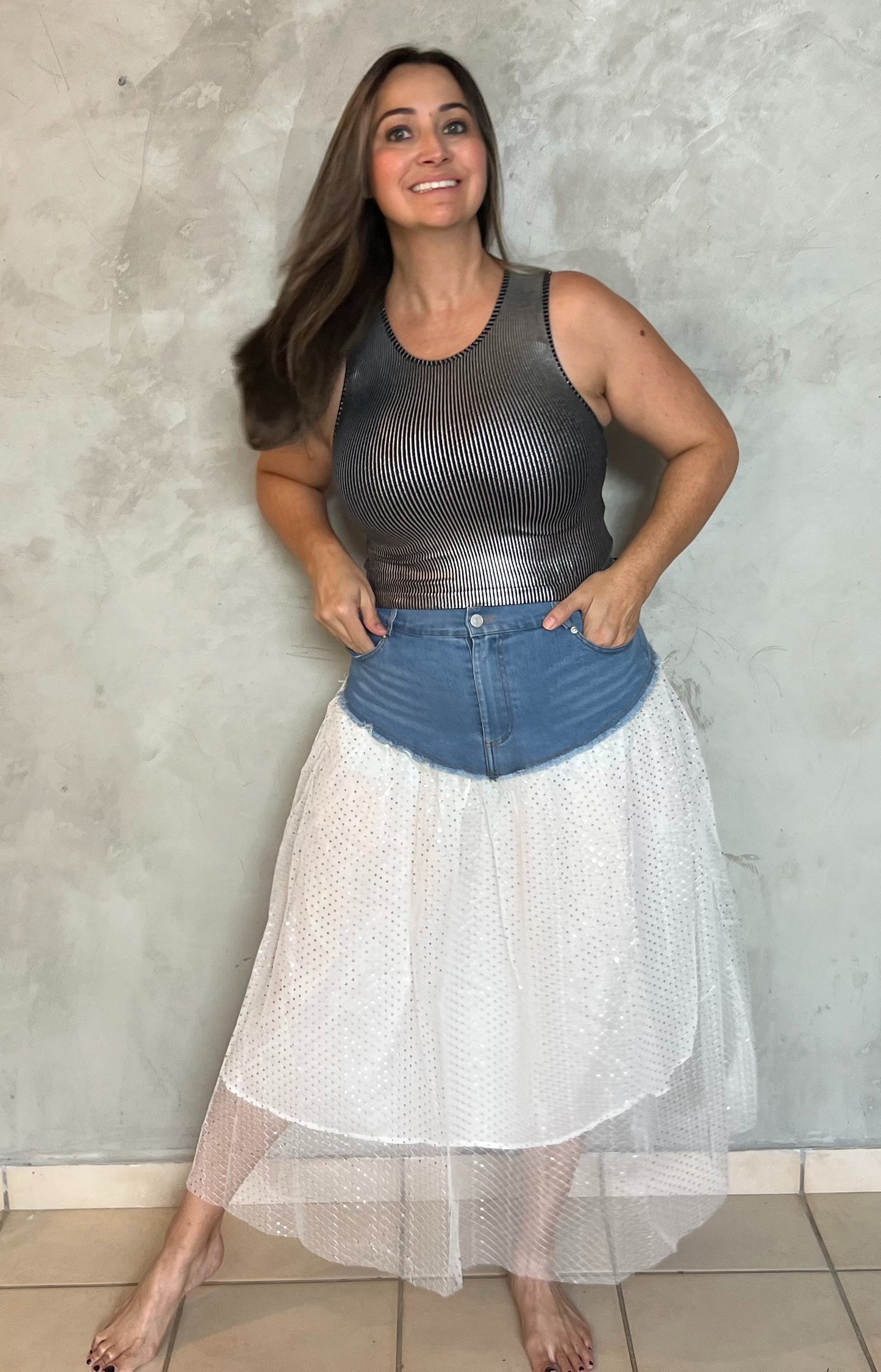 JEAN AND WHITE GLITTER SKIRT