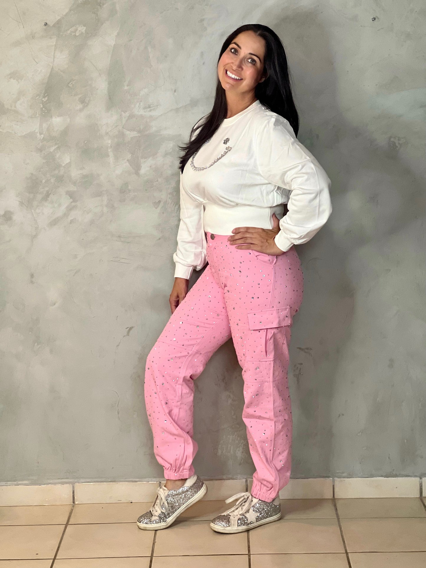 PINK CARGO JOGGERS WITH RHINESTONES