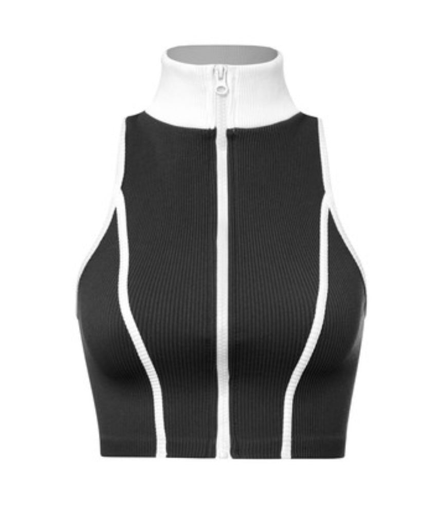 BASIC BLACK/WHITE RIBBED ZIPPER TURTLENECK CROP TOP