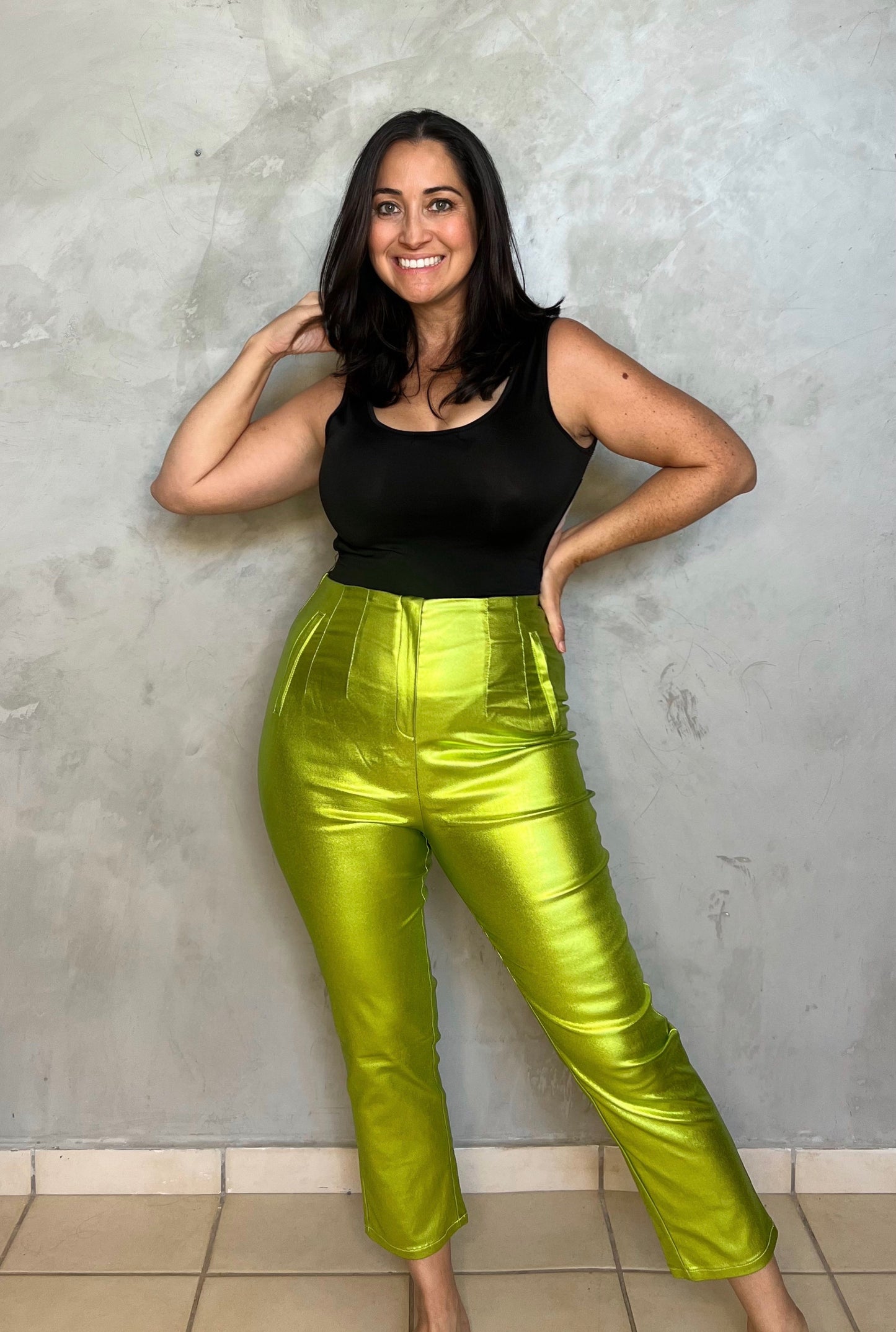 GREEN METALLIC SKINNY PANTS