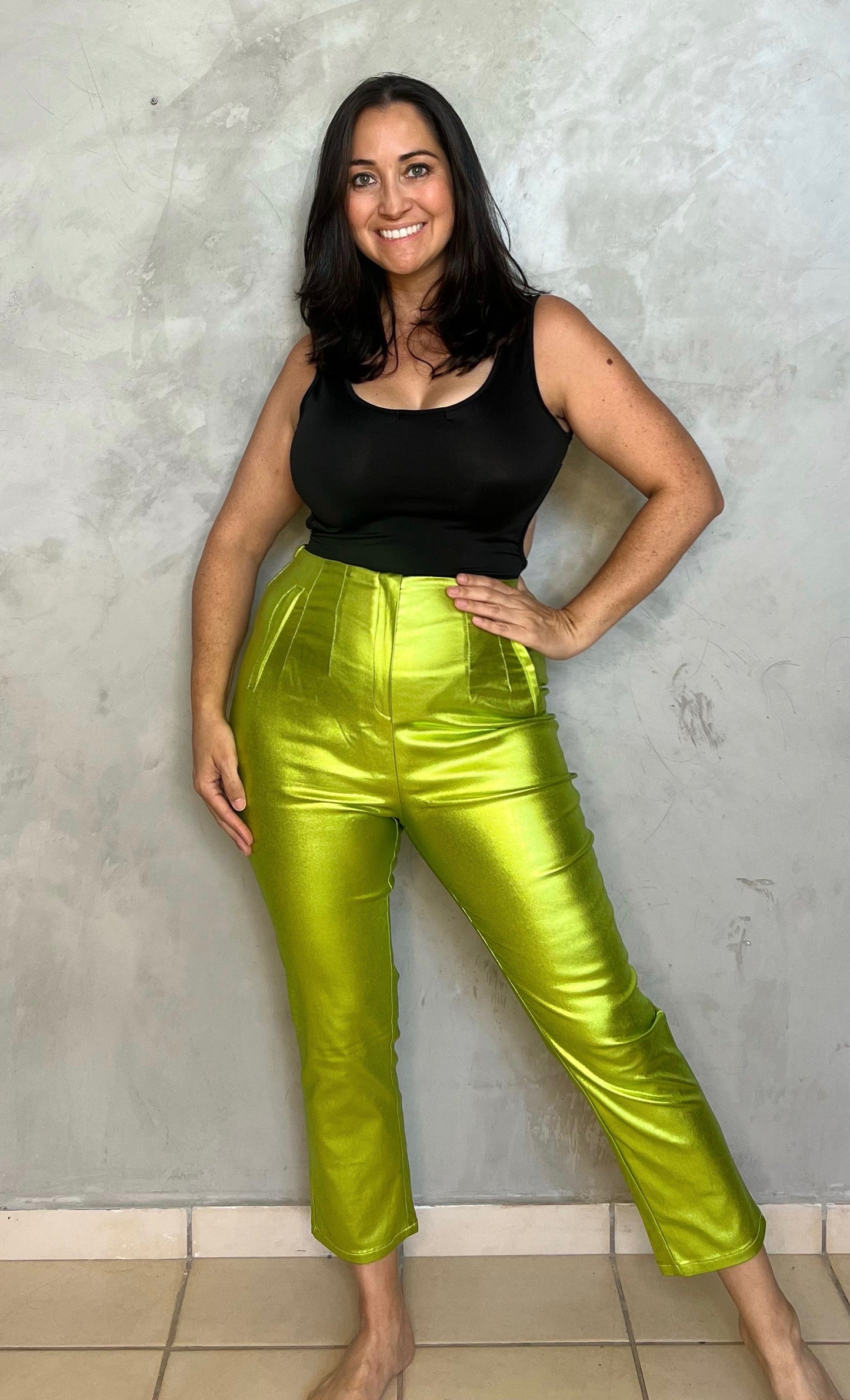 GREEN METALLIC SKINNY PANTS