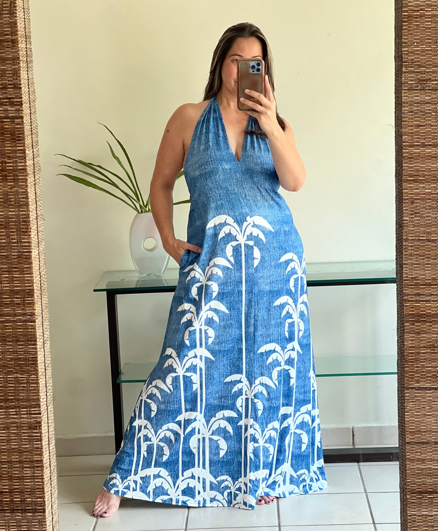 BLUE MAXI DRESS WITH PALM PRINT
