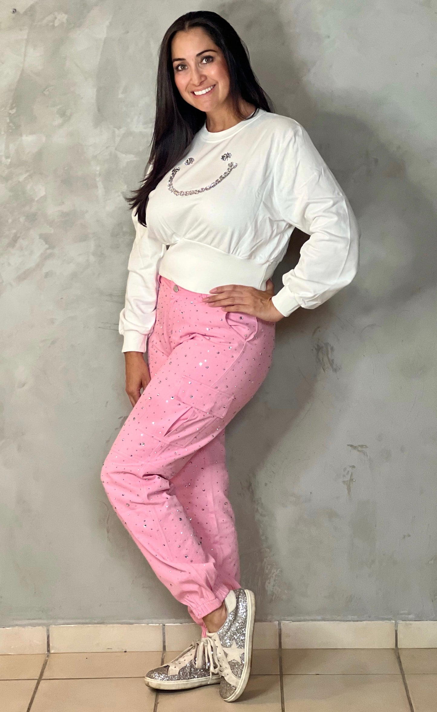 PINK CARGO JOGGERS WITH RHINESTONES