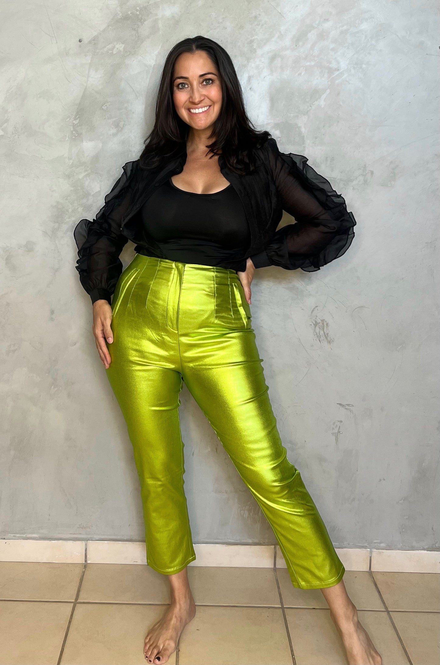 GREEN METALLIC SKINNY PANTS