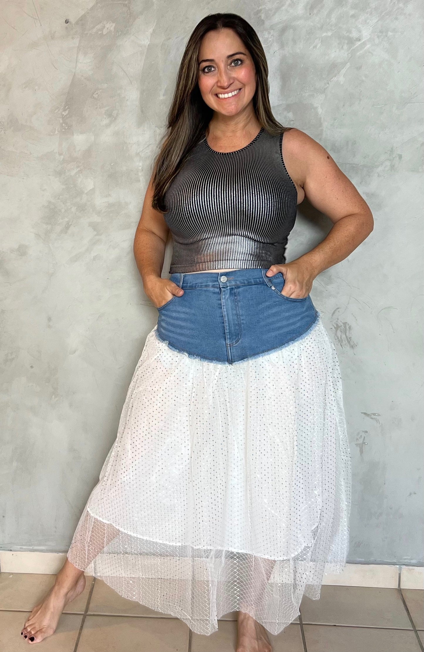 JEAN AND WHITE GLITTER SKIRT