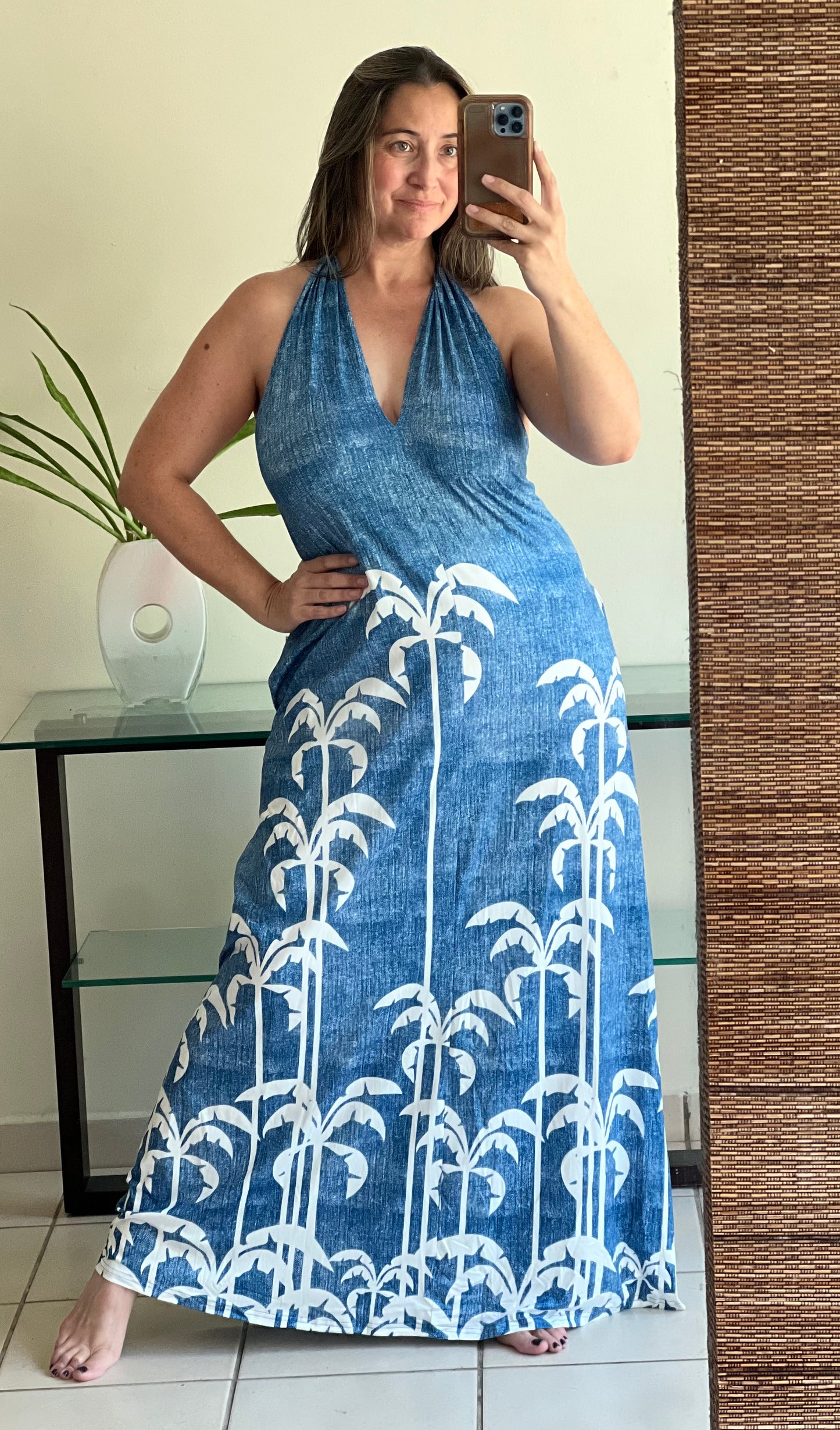 BLUE MAXI DRESS WITH PALM PRINT