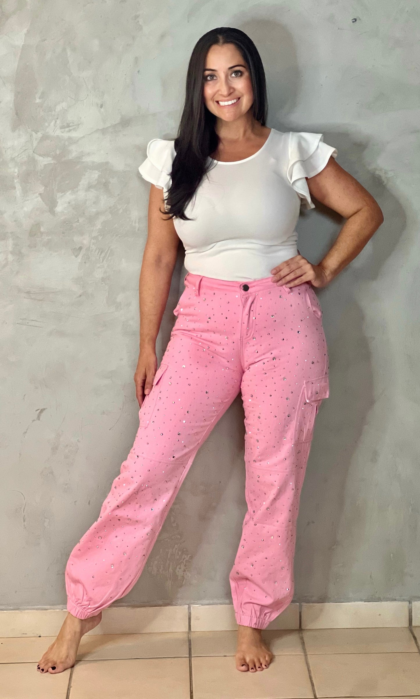 PINK CARGO JOGGERS WITH RHINESTONES