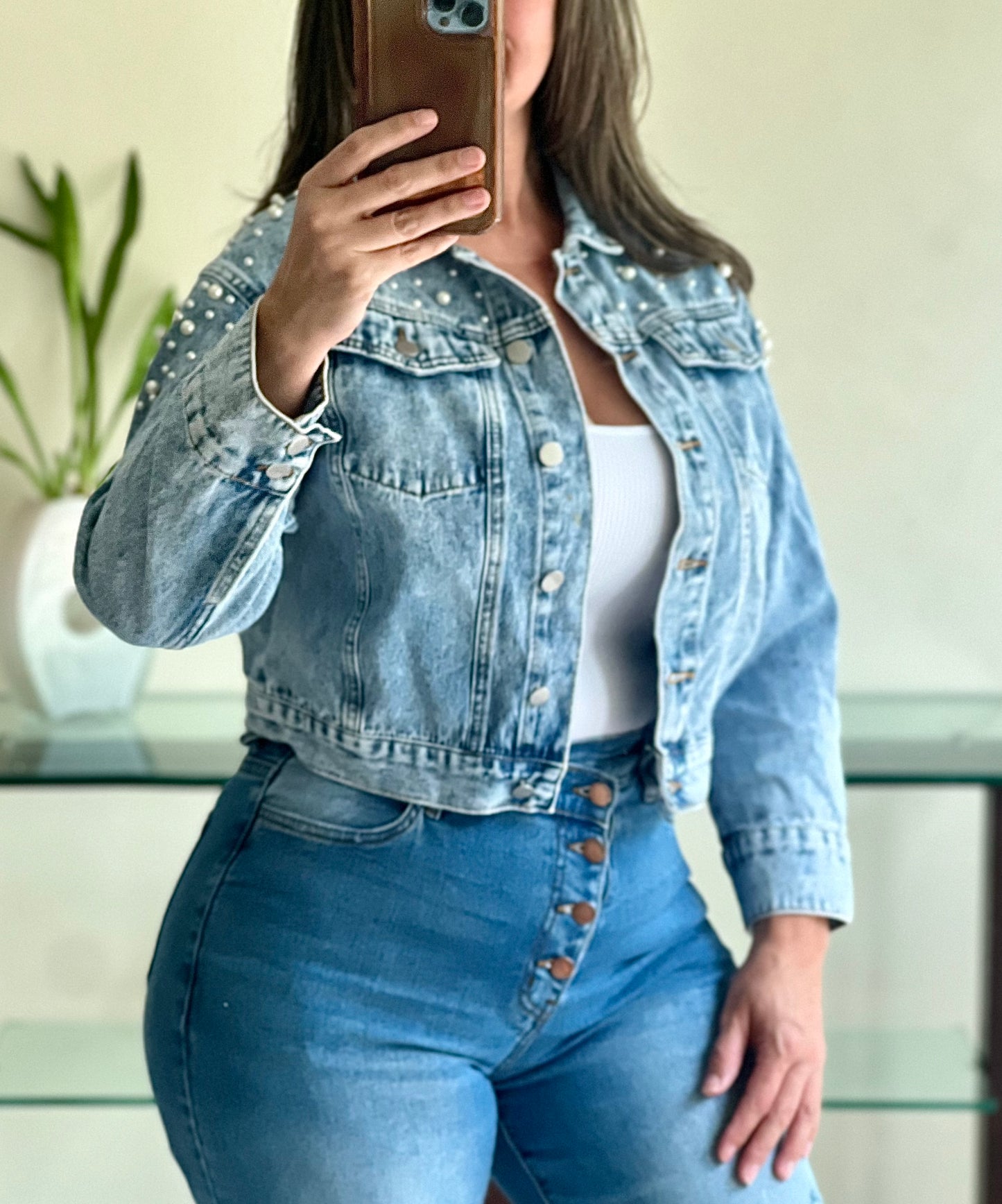 DENIM JACKET WITH PEARLS