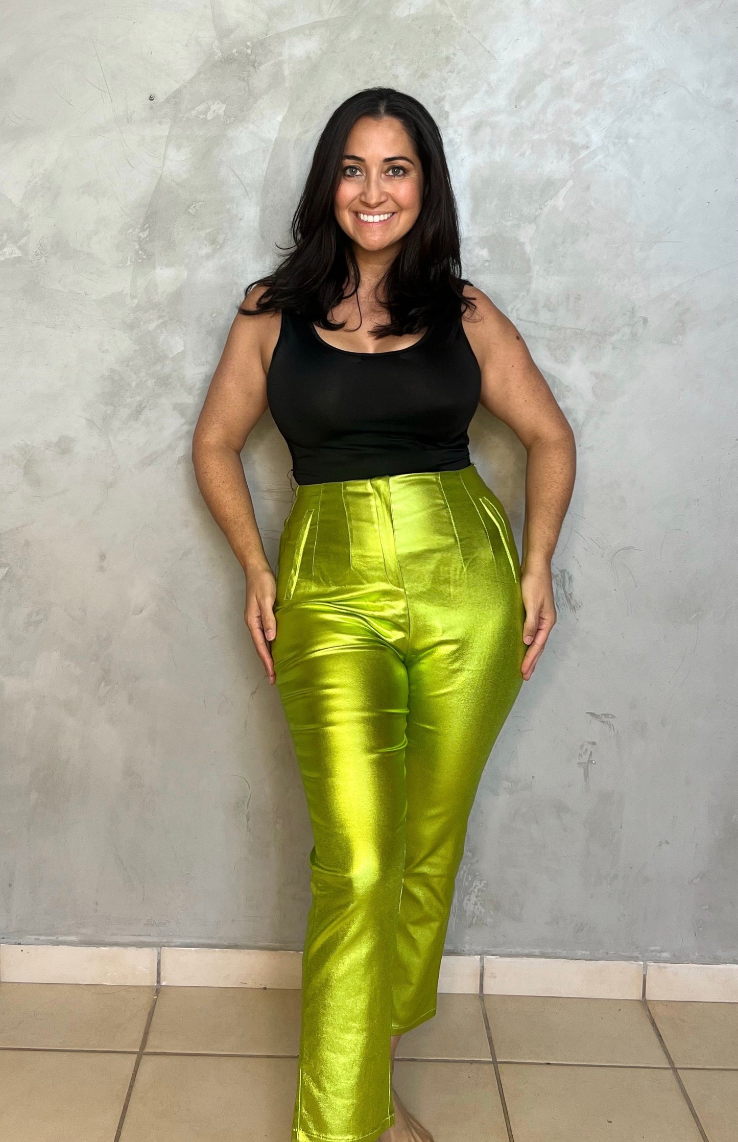 GREEN METALLIC SKINNY PANTS