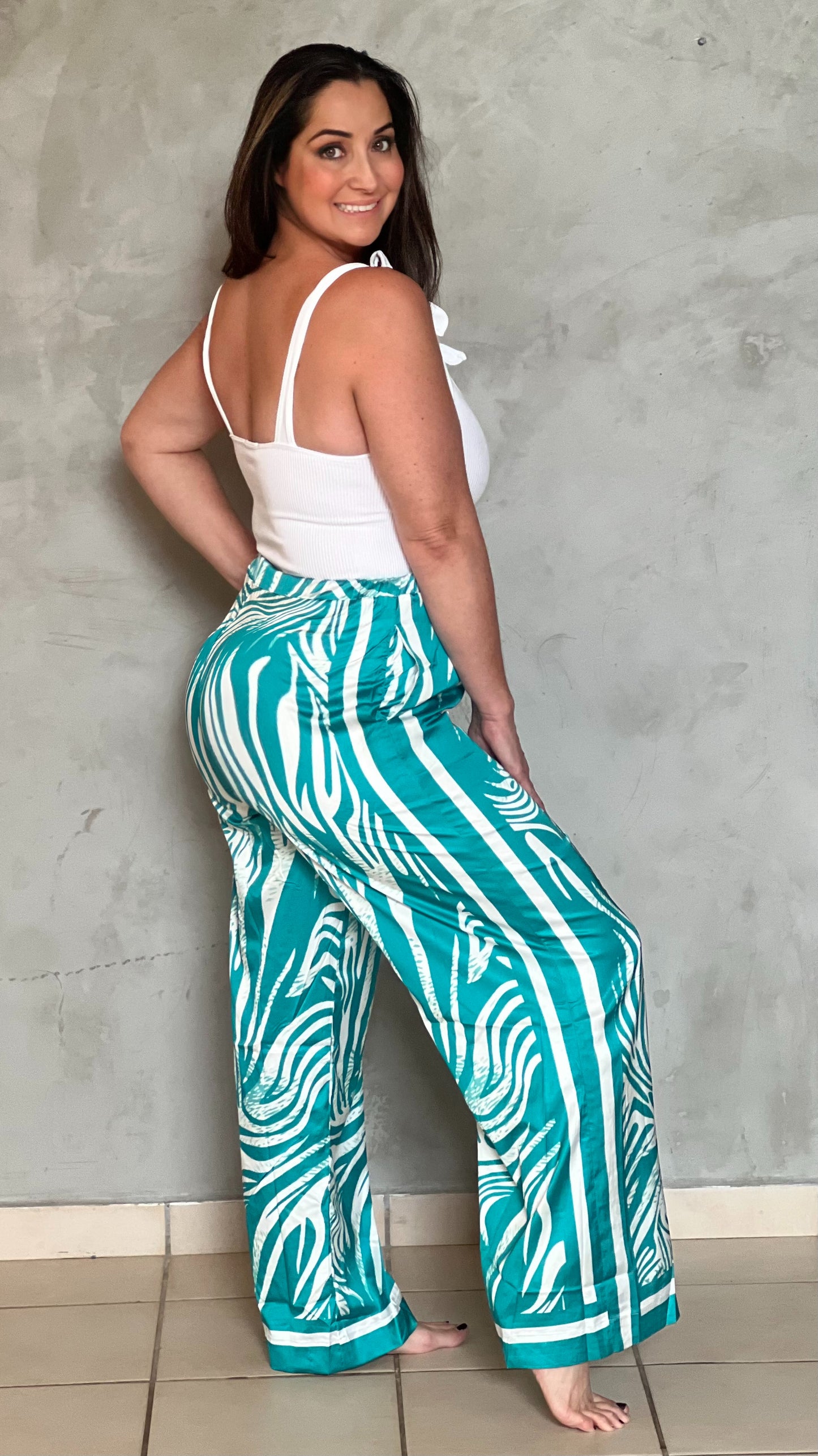PALAZZO SATINADO ESTAMPADO AZUL TURQUESA