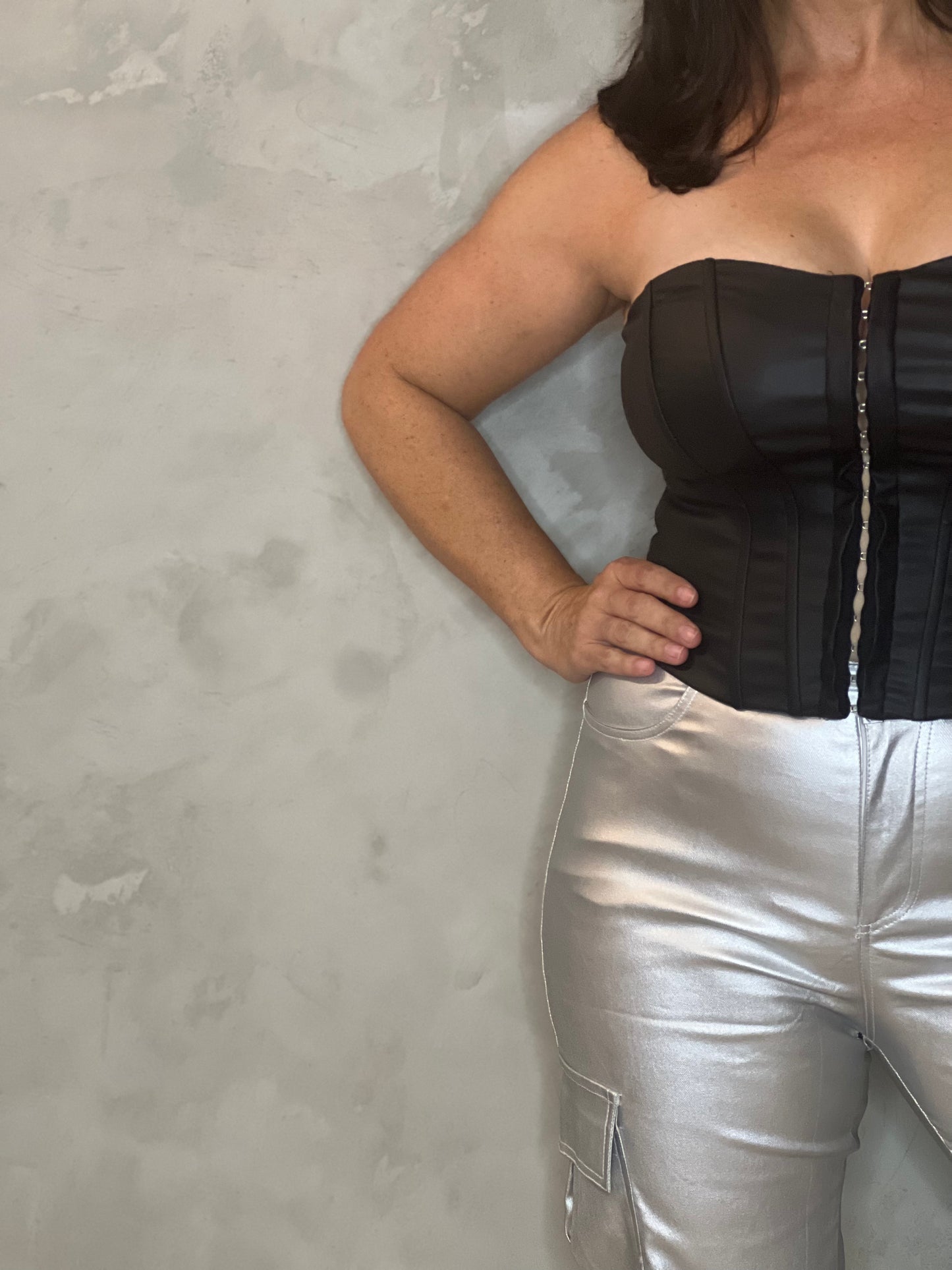 METALLIC SILVER VINYL CARGO PANTS