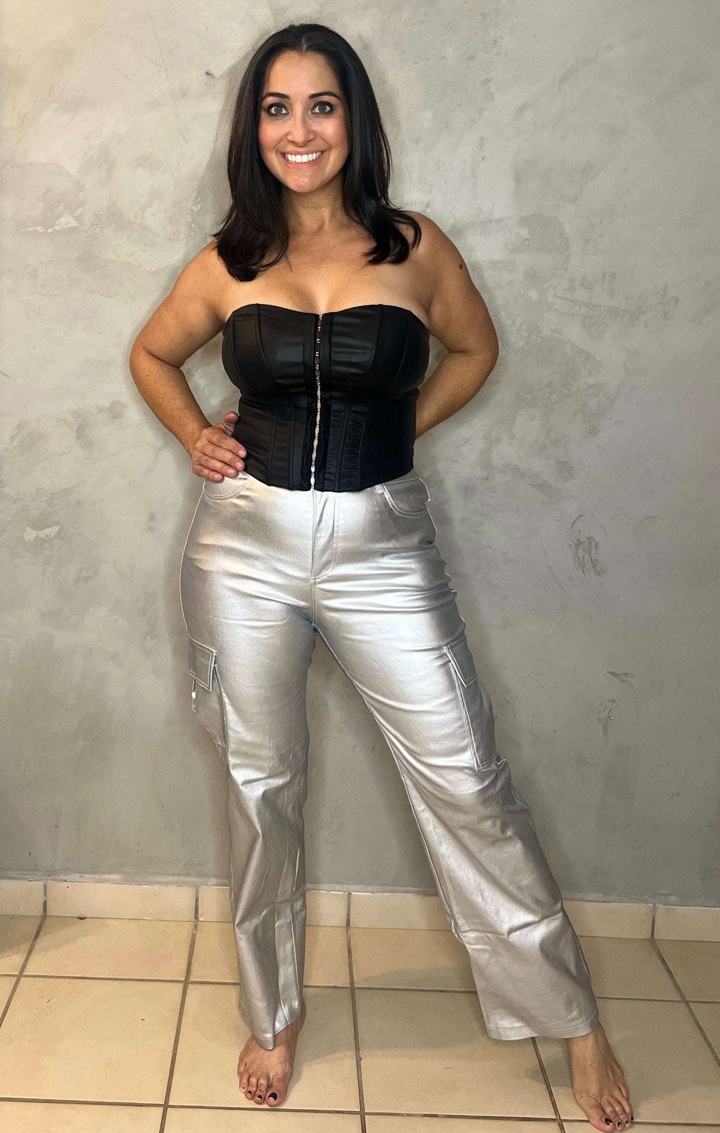 METALLIC SILVER VINYL CARGO PANTS