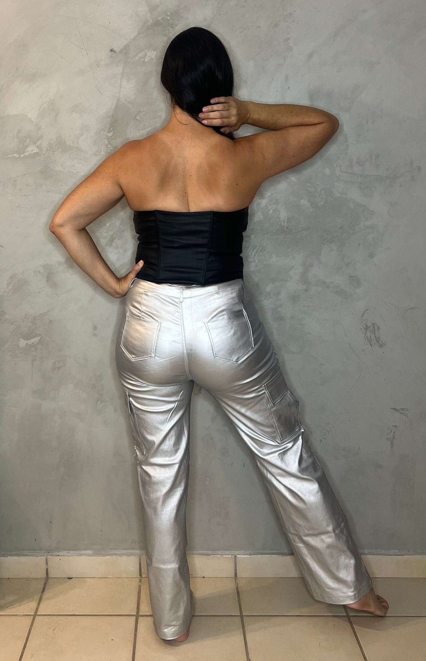 METALLIC SILVER VINYL CARGO PANTS