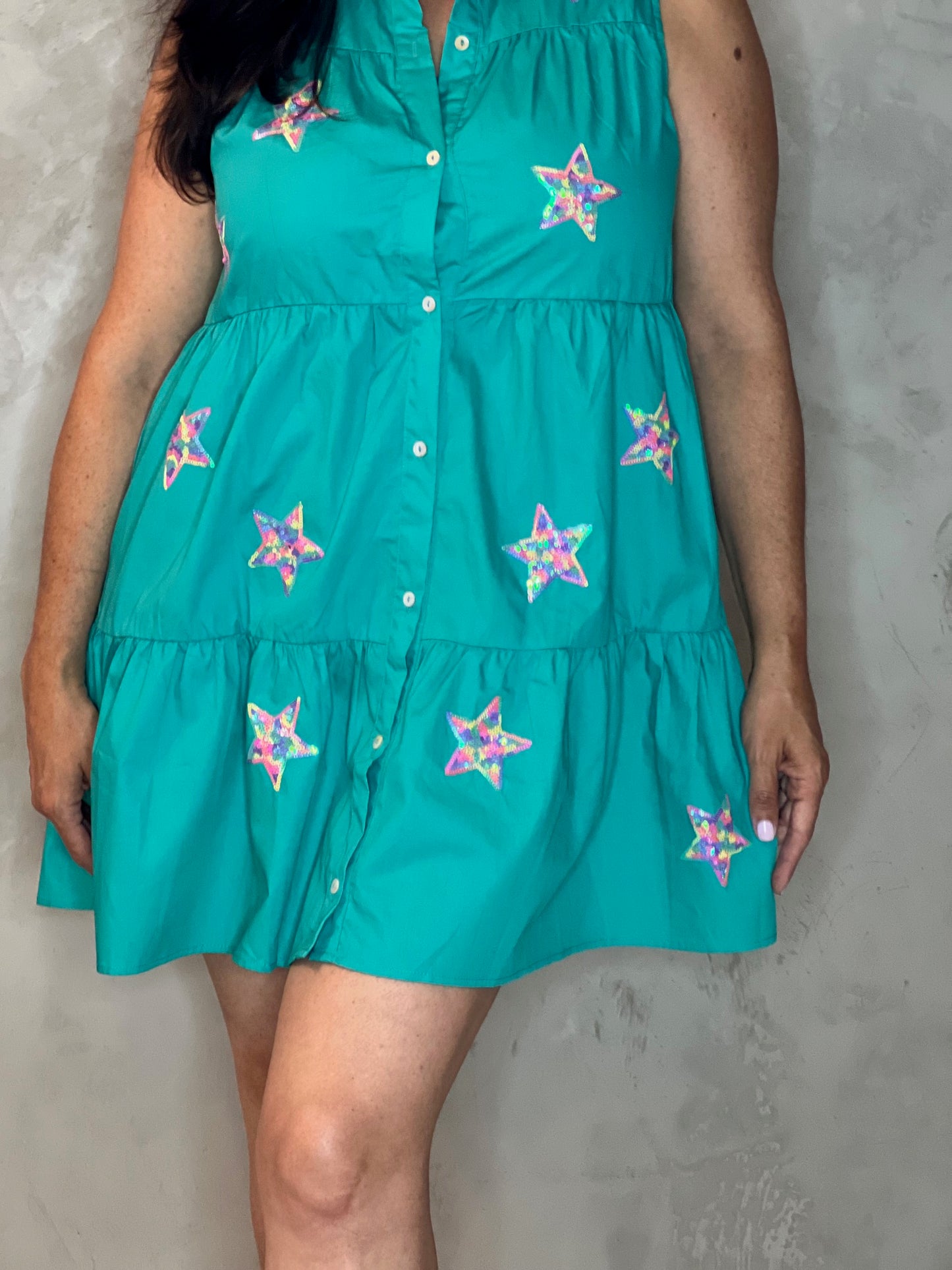 AQUA SHORT DRESS WITH SEQUIN STARS no