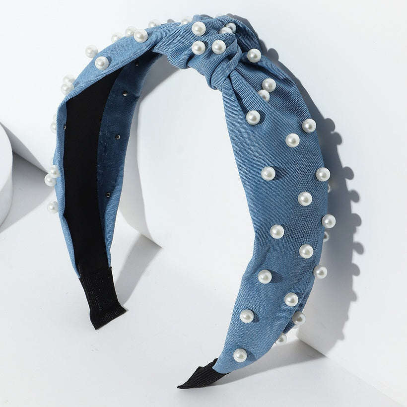 Denim Knotted Headband Pearls